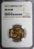 Great Britain George V Bronze 1911 1/2 Penny NGC MS64 RB 1st Date Type KM# 809