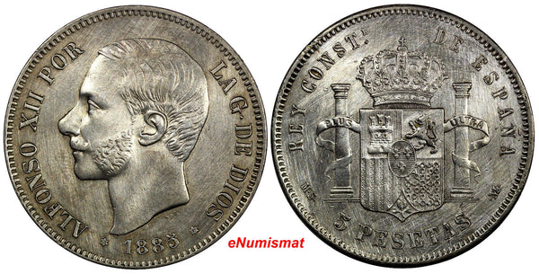 Spain Alfonso XII Silver 1885 (85) MS-M 5 Pesetas Weight: 25.0 g XF KM# 688 (61)