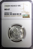 Mexico ESTADOS UNIDOS Silver 1944 M 50 Centavos NGC MS67 GEM BU KM# 447 (045)