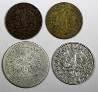 POLAND LOT OF 4 COINS 1923-1933 2 Złote,20 Groszy,2 Groszy Y# 37,Y# 9,Y#9a,Y#20