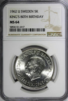SWEDEN Silver 1962 U 5 Kronor NGC MS64 80th Birthday of Gustaf VI KM# 838 (017)
