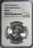 SWEDEN Silver 1962 U 5 Kronor NGC MS64 80th Birthday of Gustaf VI KM# 838 (017)