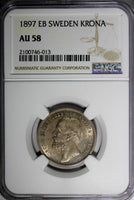 SWEDEN Oscar II Silver 1897 EB 1 Krona NGC AU58 Nice Toned SCARCE KM# 760 (013)