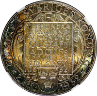 SWEDEN Silver 1932 G 2 Kronor NGC MS64 Death of Gustaf II Adolf Rainbow KM# 805