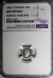 SWEDEN Oscar I (1844-1859) Silver 1855  T 10 Ore  NGC UNC DETAILS  KM# 683 (007)