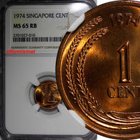 Singapore Bronze 1974 1 Cent GRADED NGC MS65 RB GEM BU KM# 1 (010)