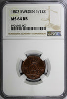 SWEDEN Gustaf IV Adolf 1802 1/12 Skilling NGC MS64 RB Nice Toning KM# 563 (007)