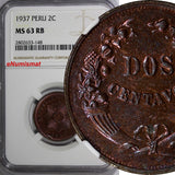 Peru 1937 2 Centavos NGC MS63 RB Nice Toning Low Mintage-963,000 KM# 212.1 (148)