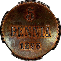 Finland Nicholas II Copper 1898 5 Penniä NGC MS64 BN BETTER DATE KM# 15 (060)