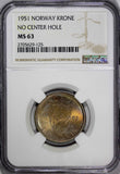 Norway Haakon VII Copper-Nickel 1951 1 Krone NGC MS63 No Center Hole KM#397.1(5)