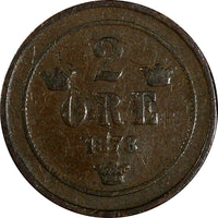 Sweden Oscar II Bronze 1878 2 Ore Small Letters Mintage-865,000 RARE KM# 735