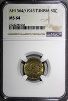 TUNISIA AH1364//1945 50 Centimes NGC MS64 WWII Issue TOP GRADED BY NGC KM# 246