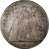 France Silver LAN 7 (1798-99) L 5 Francs BAYONNE MINT Consulship SCARCE KM#639.6