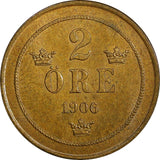 Sweden Oscar II Bronze 1906 2 Öre 2 Years Type GEM BU COIN KM# 769 (21 944)