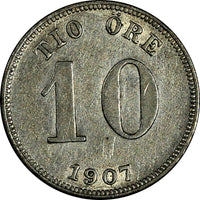 SWEDEN Oscar II Silver 1907 EB 10 Ore 1 YEAR TYPE XF KM# 774 (18 596)