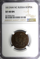 RUSSIA Alexander I Copper 1813 NM PC 2 Kopecks Izhora Mint NGC XF40 C# 117.4(34)