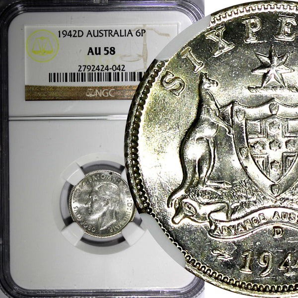 AUSTRALIA George VI Silver 1942 D 6 Pence NGC AU58 KM# 38 (042)