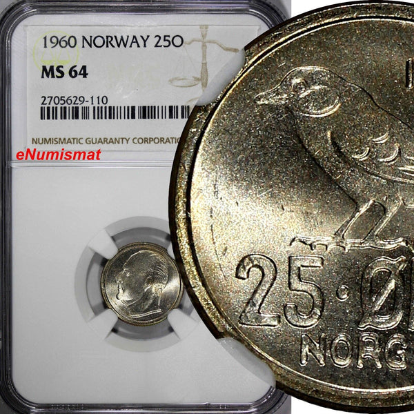 Norway Olav V Copper-Nickel 1960 25 Øre NGC MS64 TOP GRADED BY NGC KM# 407 (10)