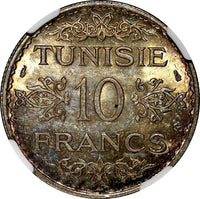 Tunisia  Silver AH1353 1934 10 Francs Paris NGC MS65 NICE TONED  KM# 262 (046)