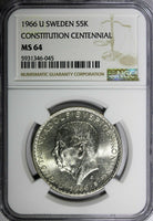 SWEDEN Silver 1966 U 5 Kronor NGC MS64 Constitution Reform 1 YEAR KM# 839 (045)