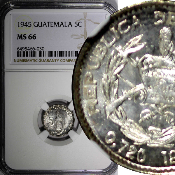 GUATEMALA Silver 1945 5 Centavos NGC MS66 GEM BU COIN KM# 238.1 (030)