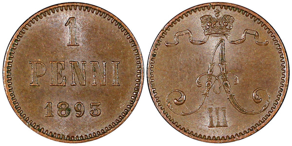 Finland Alexander III Copper 1893 1 Penni UNC KM# 10 (21 109)