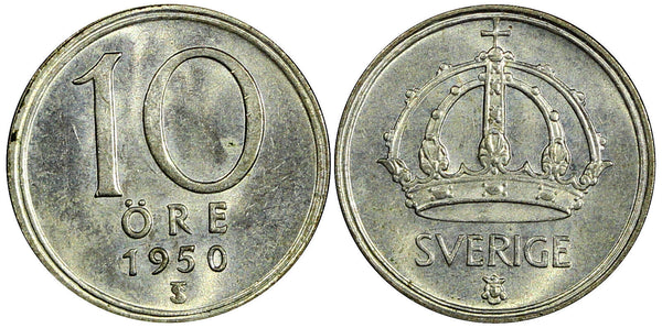 Sweden Gustaf V (1907-1950) Silver 1950 10 Öre GEM BU KM# 813 (22 058)