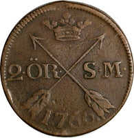 SWEDEN Adolf Frederick (1751-1771) Copper 1766 S.M.2 Ore 33.7 mm KM# 461(15 600)