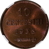 San Marino Bronze 1938 R 10 Centesimi NGC MS65 RB Mintage-400,000 KM# 13 (253)