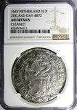 Netherlands ZEELAND Silver 1647 1 Daalder Lion NGC AU DET. BETTER YEAR KM#16(1)