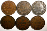 FINLAND Nicholas II Copper LOT OF 6 COINS 1899-1905  10 Penniä KM# 14 (14 238)