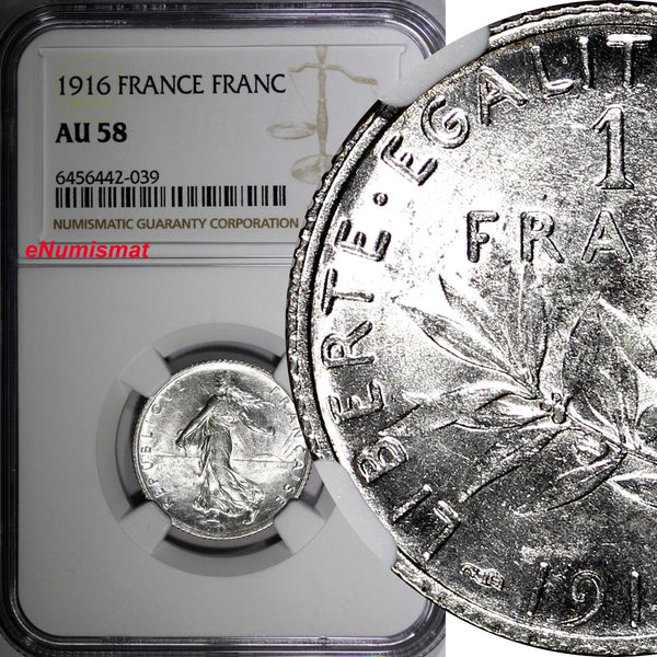 France Silver 1916 1 Franc NGC AU58 Paris Mint KM# 844.1 (039)
