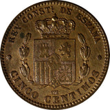 SPAIN Alfonso XII Bronze 1878 OM 5 Centimos Choice XF KM# 674 ( 14 667)