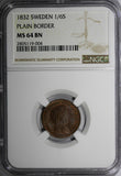 SWEDEN Carl XIV Johan Copper 1832 1/6 Skilling PLAIN BORDER NGC MS64 BN KM# 634