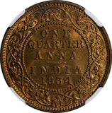 India-British George V Bronze 1934 (C) 1/4 Anna NGC MS65 RB NICE RED KM# 512 (1)