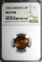 Great Britain George VI Bronze 1945 Farthing NGC MS65 RB RED TONING KM# 843 (63)