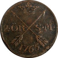 SWEDEN Adolf Frederick (1751-1771) Copper 1765 S.M.2 Ore 33.7 mm KM# 461(15 686)