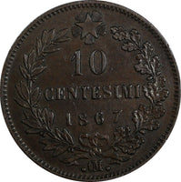 Italy Vittorio Emanuele II Copper 1867 OM 10 Centesimi Strasbourg KM# 11.5 (332)