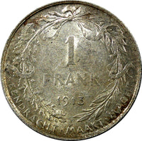 Belgium Albert I Silver 1913 1 Franc Dutch 23 mm High Grade KM# 73.1 (22 219)