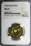 Fiji George VI Brass 1943 S 1 Penny NGC MS63 San Francisco Mint KM# 7a (032)
