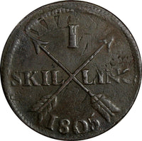 SWEDEN Gustaf IV 1805 1 SKILLING OVERSTRUCK ON 2 ORE (1743-1768) KM# 566(15068)