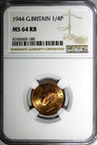 Great Britain George VI Bronze 1944 Farthing NGC MS64 RB RED TONING KM# 843
