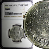 Egypt Farouk  Silver AH1358 1939 5 Piastres NGC MS62 Mint Luster KM# 366 (034)