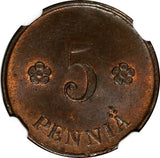 Finland Republic Copper 1918 5 Penniä NGC MS63 BN 1 GRADED HIGHEST KM# 22 (026)