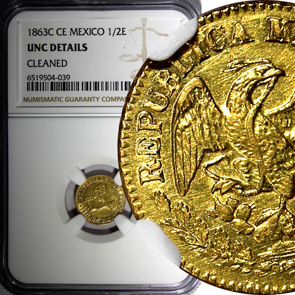 MEXICO GOLD 1863 C CE  1/2 Escudo Culiacan Mint NGC UNC DETAILS KM# 378 (039)