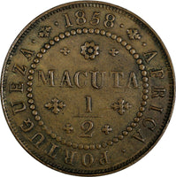 Angola Pedro V Copper 1858 1/2 Macuta 37 mm KM# 58 Ex.W Schuster (17 581)