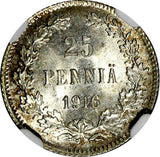 Finland Nicholas II Silver 1916 S 25 Pennia NGC MS67 GEM BU KM #6.2 (027)