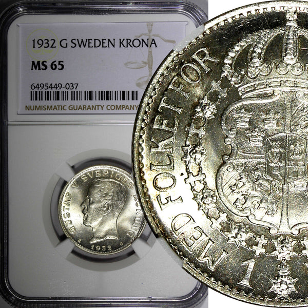 SWEDEN Gustaf V Silver 1932 G 1 Krona NGC MS65 1 GRADED HIGHEST KM# 786.2 (037)