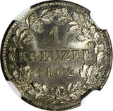 German States BAVARIA Silver 1862 1 Kreuzer NGC MS66+  Nice Toned KM# 858 (34)