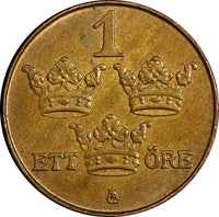 SWEDEN Gustaf V Bronze 1916 1 Öre Short "6" BU Condition KM# 777.2 (21 921)